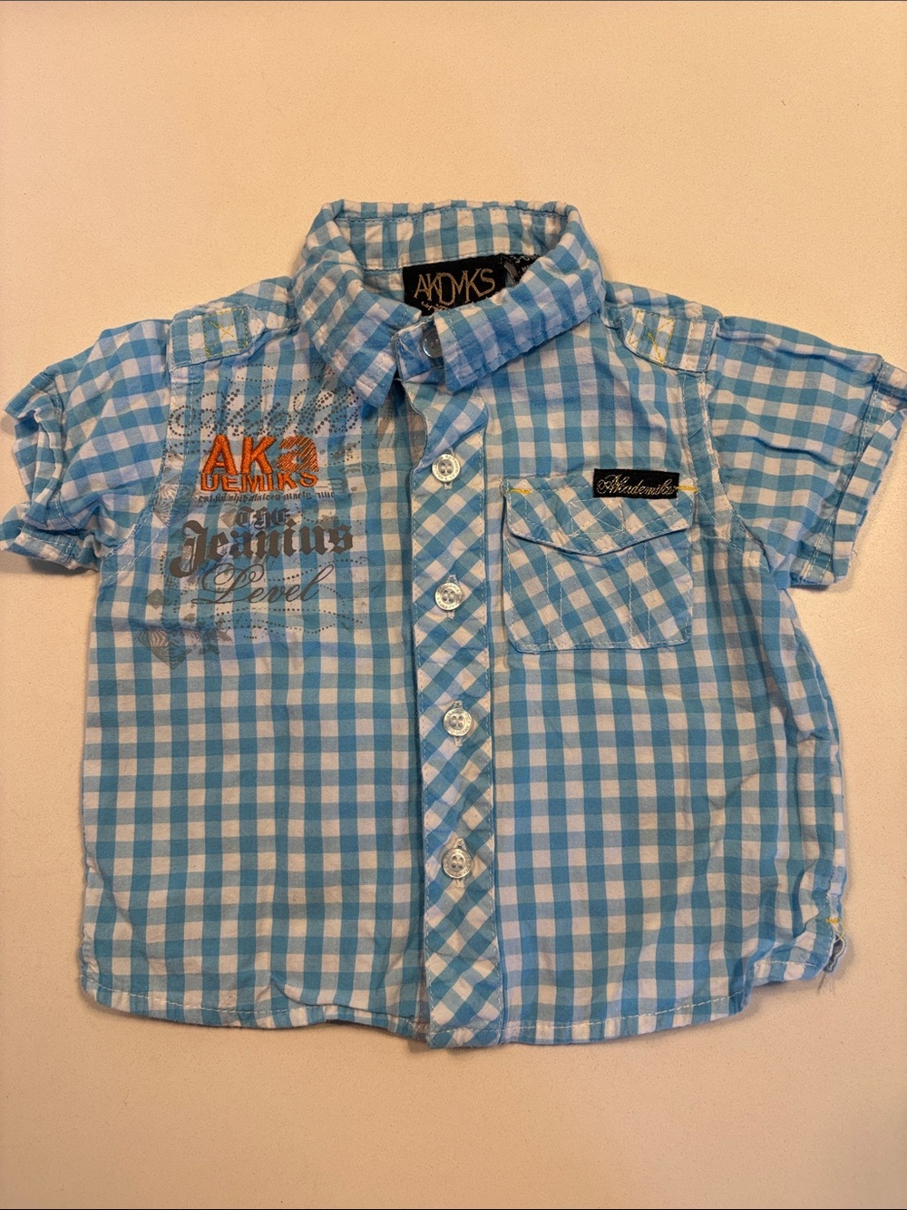 Vintage Y2K Akademiks Blue Gingham Short-Sleeve Button Shirt for Baby